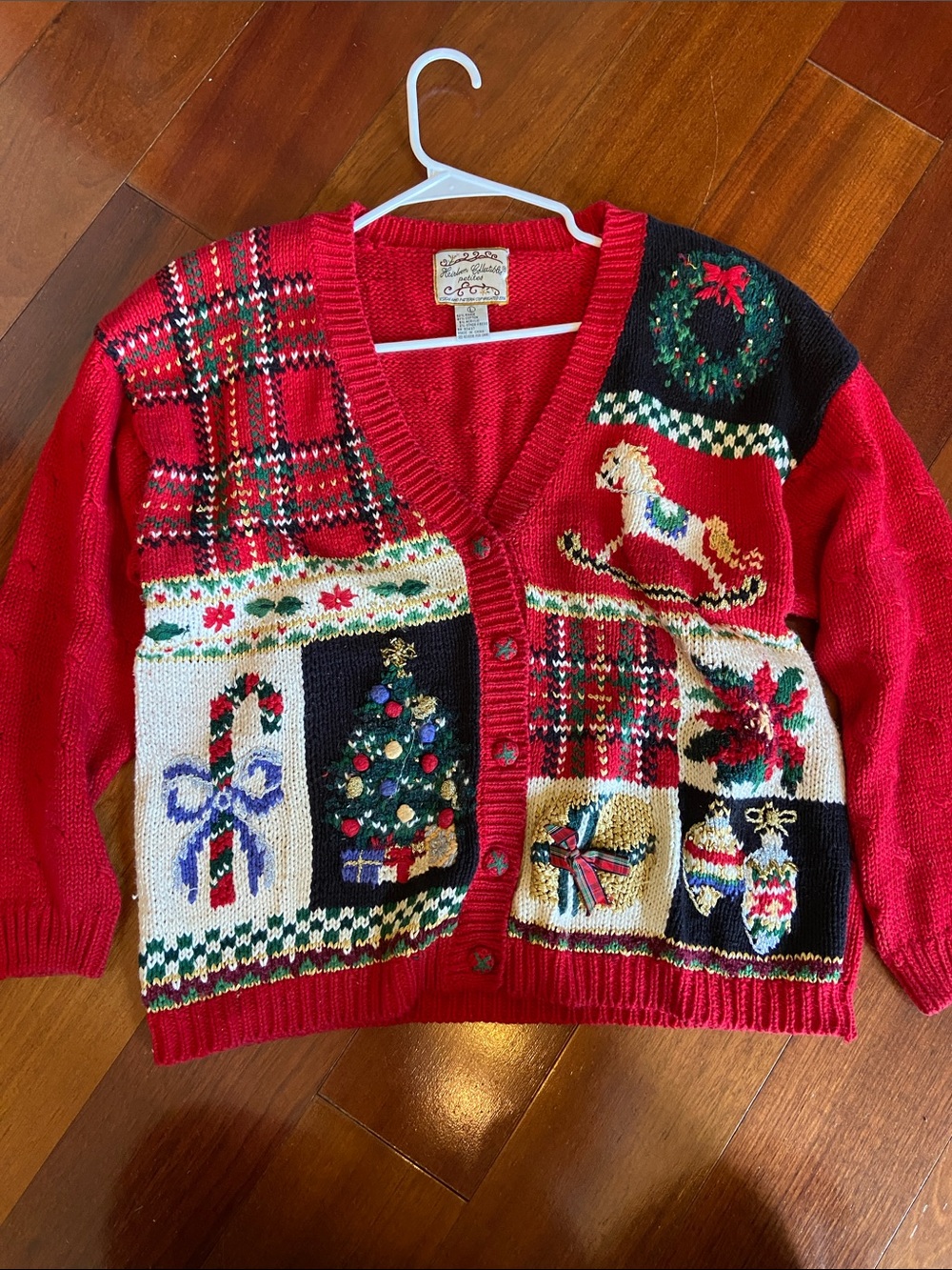 Vintage 90s Red Christmas Patchwork Cardigan Sweater